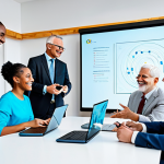 A diverse group of young adults and older individuals, from various backgrounds, fully clothed in modest contemporary professional attire, gathered around a large table in a bright, modern community center. They are engaged in animated discussion, pointing at shared screens displaying strategic diagrams and celebrating a collaborative achievement with genuine smiles. The setting includes subtle futuristic design elements in the background, indicative of a sci-fi gaming theme. Professional photography, high resolution, perfect anatomy, correct proportions, natural pose, well-formed hands, proper finger count, natural body proportions, safe for work, appropriate content, family-friendly.