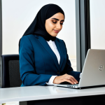**

"A professional Arab businesswoman in a modern office in Dubai, fully clothed in a modest, stylish business suit with a hijab, working on a laptop. Background shows the Burj Khalifa. Perfect anatomy, correct proportions, natural pose, well-formed hands, proper finger count, natural body proportions, safe for work, appropriate content, professional, modest, family-friendly, high-resolution, professional photography."

**